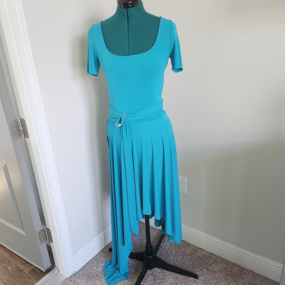 Bebe Womens Teal Dress Sz Small Asymmetrical Hem with High Slit / Built in slip